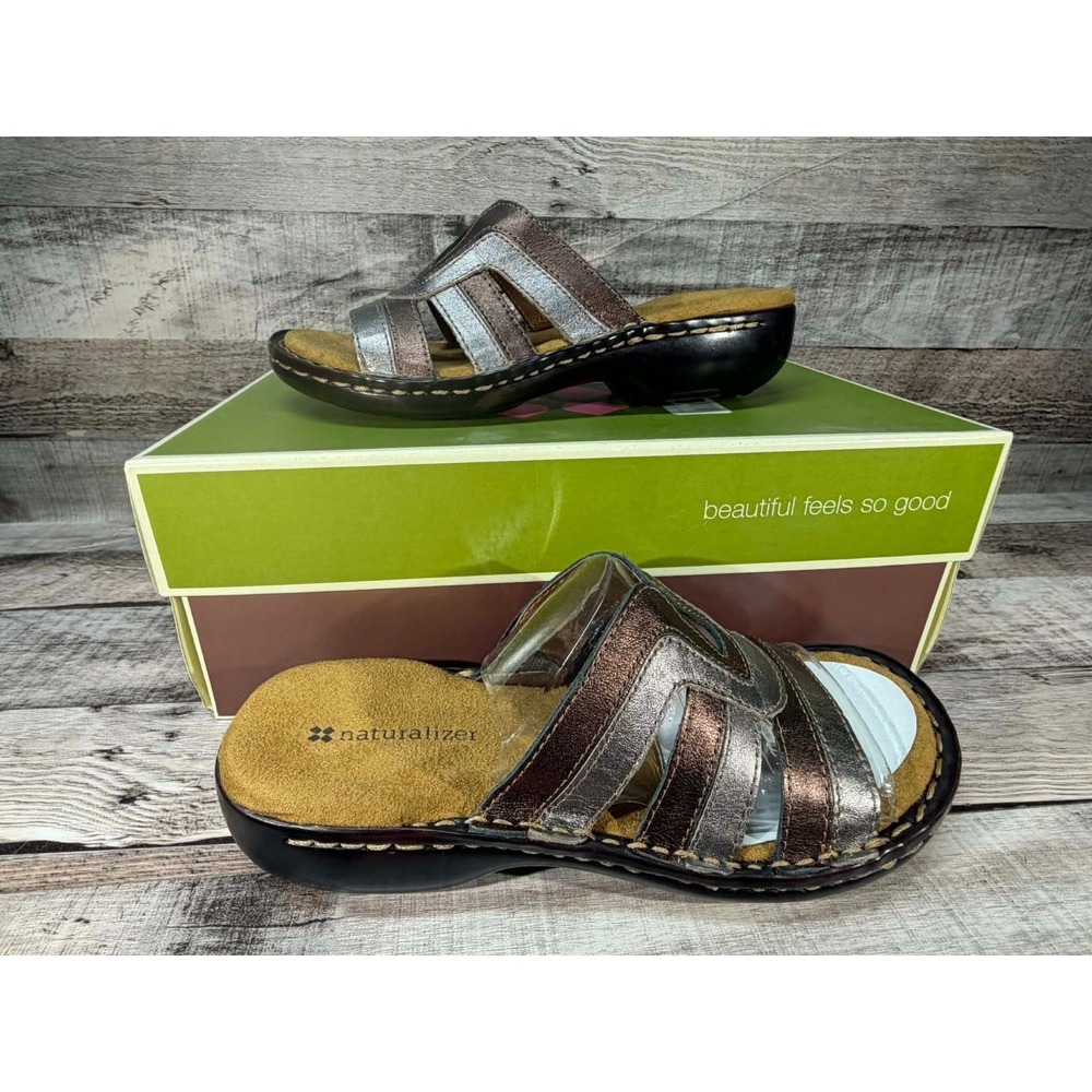 New Naturalizer Pierre Moda Women Dress Slides Size 4.5 Brown‎ Silver